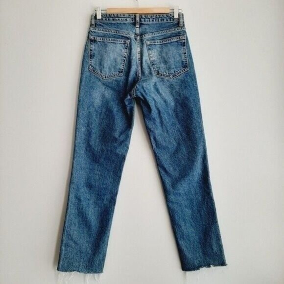 TOPSHOP Straight Leg High Waist Blue Jeans Fringe Hem Sz 26 - Picture 6 of 8
